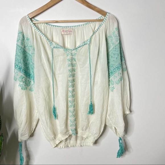 Miss June White Green Embroidered Blouse OS - Picture 2 of 12